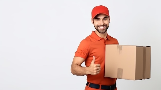 Smiling male delivery courier with a box giving a thumbs up On a white backdrop Banner with copy space Concept of efficient parcel service customer satisfaction and reliable delivery