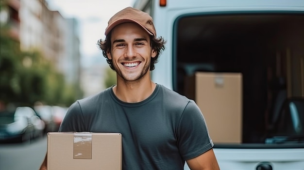 A smiling male delivery worker in front of his van Transport Generative Ai