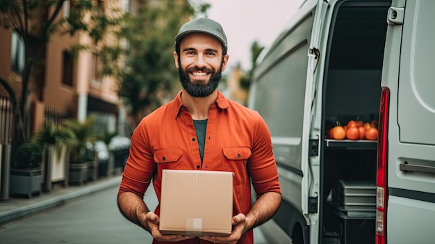 A smiling male delivery worker in front of his van Transport Generative Ai