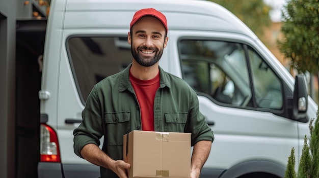 A smiling male delivery worker in front of his van Transport Generative Ai