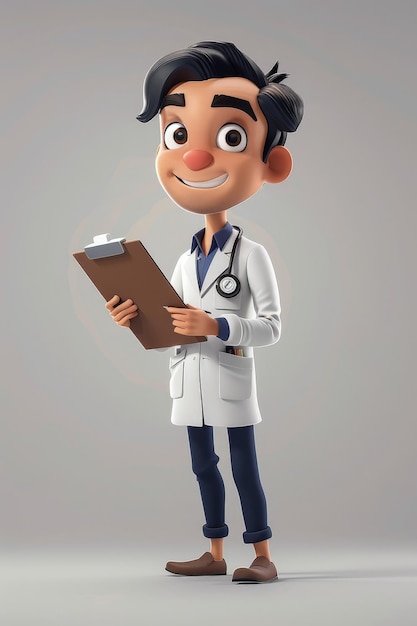 Smiling Male Doctor Cartoon Character in Lab Coat with Clipboard and Pen Showing Confidence