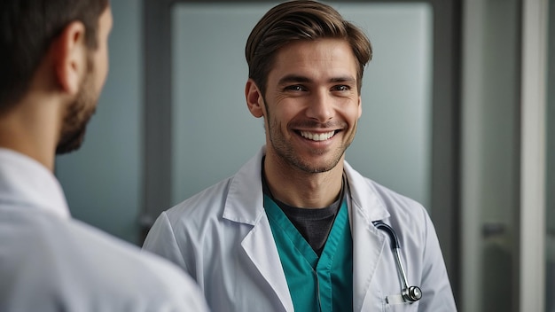 Photo smiling male doctor in scrubs inside modern medical facility during daytime