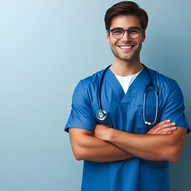 A smiling male doctor in a white coat with a stethoscope stands confidently