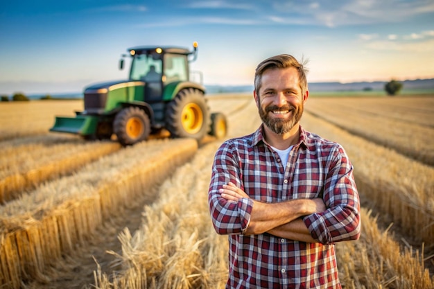 Photo smiling male farmer standing in front of tractor in wheat field