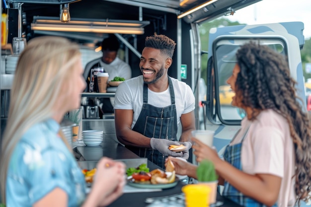 Photo smiling male and female customers talking to food truck owners in city