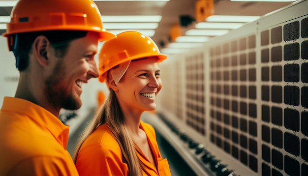 Smiling male and female electrical engineers in orange caps and safety shoes walk around a solar panel facility conversing and looking at work Background of solar panels AI Generative