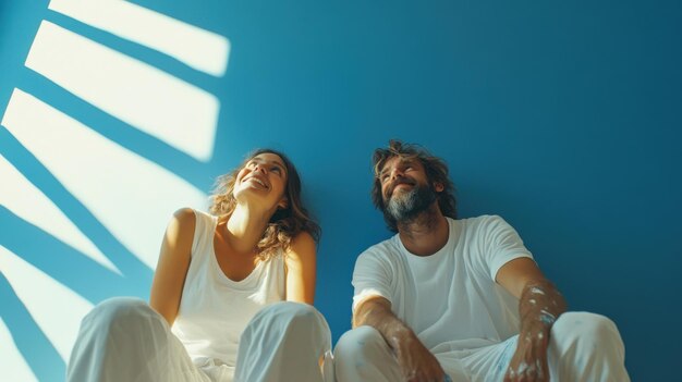 Photo smiling male and female painters in white clothes looking up in front of a tall blue wall