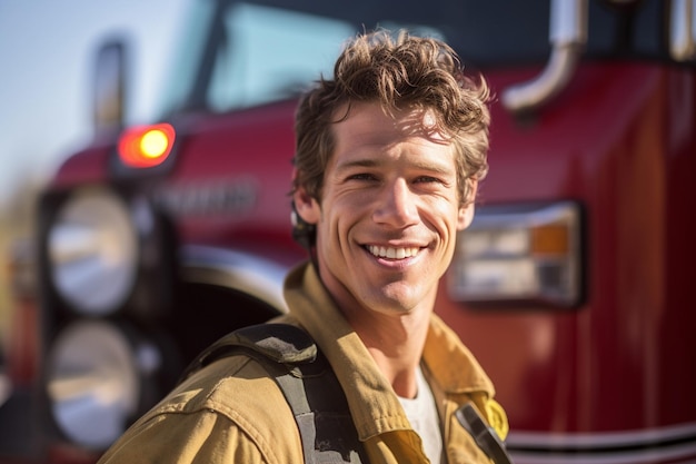 A smiling male firefighter in front of the fire truck with Generative AI