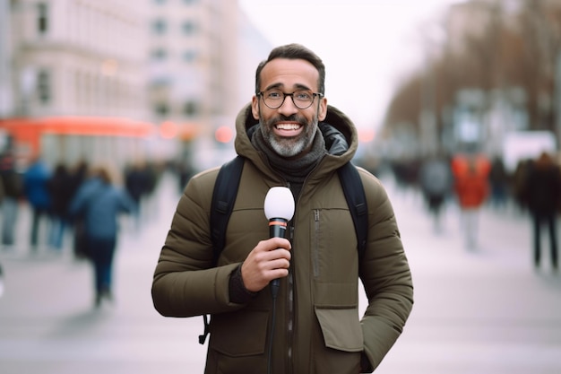 Photo smiling male journalist with microphone standing on street in city