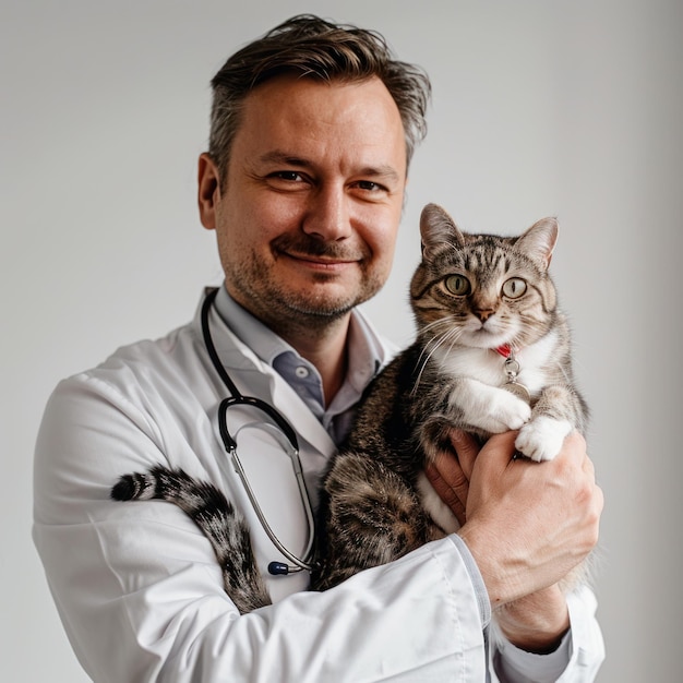 Smiling male veterinarian holding a cat in his arms showcasing care and compassion Perfect for medical and veterinaryrelated content