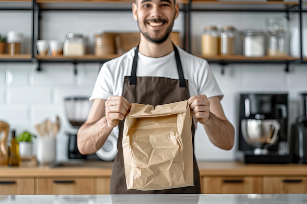 A smiling male waiter holding eco friendly paper bag behind cafe counter