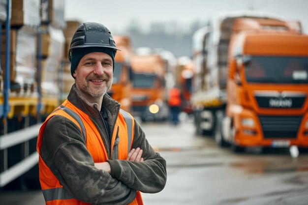 Smiling Male Worker in Hard Hat and Safety Vest Posing in Front of Orange Trucks at the Logistic