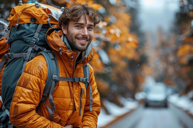 Photo smiling man in autumn closes car trunk with backpack enjoying the seasonal vibes and nature