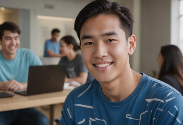 A smiling man in a blue shirt participates in a study group engaging with his peers in a