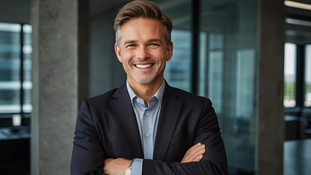 A smiling man in a business suit with folded arms against a office background