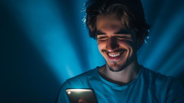 Photo smiling man captivated by the glowing screen of his smartphone in a dark room