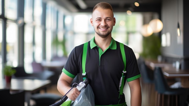 Smiling man in a cleaning service uniform with colleagues in the background indicating a professional cleaning team at work