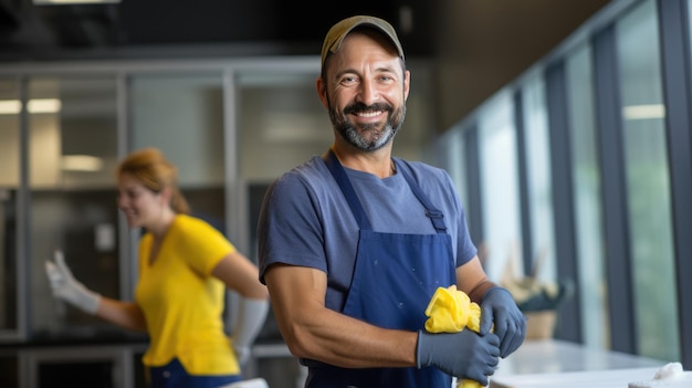 Smiling man in a cleaning service uniform with colleagues in the background indicating a professional cleaning team at work