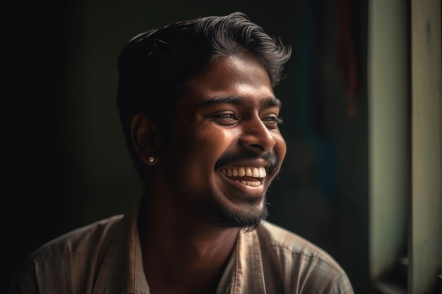 A smiling man in a dark room.