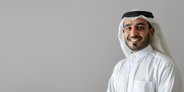 Smiling man dressed in traditional Arab thobe and headgear