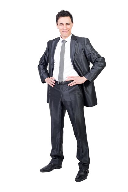 Smiling man in elegant suit. White background.