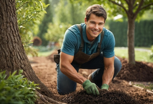 A smiling man engages in planting vegetables in his lush backyard garden enjoying the handson