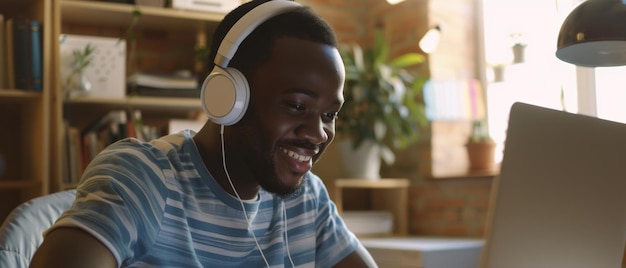 Smiling man enjoys music on his headphones working on laptop