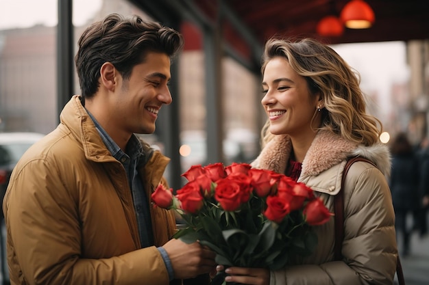 Smiling man giving flowers to woman on valentines day