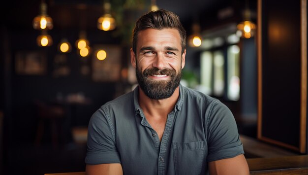 Smiling man in a gray shirt against a cafe backdrop with warm lighting