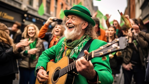 A smiling man in a green suit plays the guitar surrounded by a crowd celebrating on the street for St Patricks Day