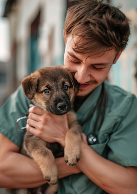 A smiling man in a green uniform holding a cute puppy showcasing a heartwarming bond between human and pet