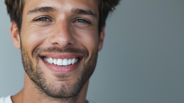 Smiling man on grey background teeth whitening