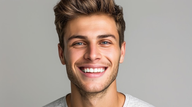 Smiling man on grey background teeth whitening