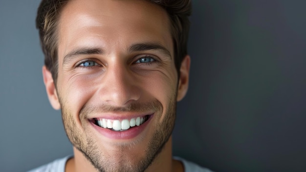 Smiling man on grey background teeth whitening