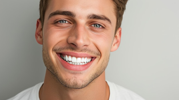 Smiling man on grey background teeth whitening