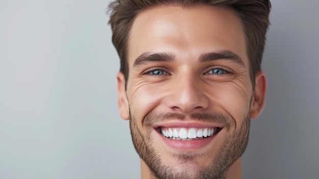 Smiling man on grey background teeth whitening