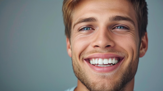 Smiling man on grey background teeth whitening