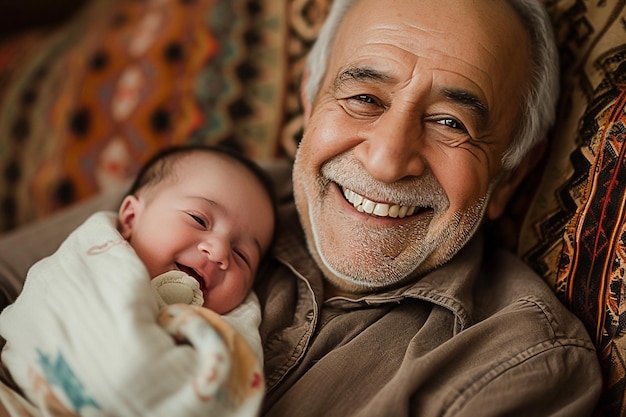 Photo smiling man holding a baby in his lap on a couch