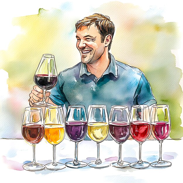 Photo smiling man holding a glass of wine and wine tasting illustration