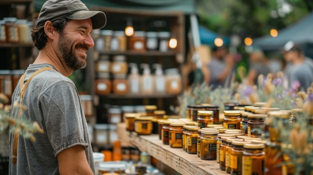 Photo smiling man at honey stand in a bustling outdoor market showcasing jars of honey and other products