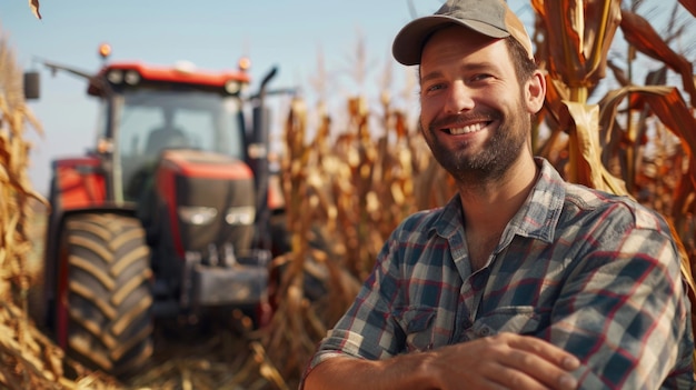 A smiling man is posing in front of a tractor in a field