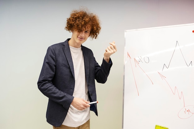 Smiling man makes money gesture standing near flip chart Attractive guy coach