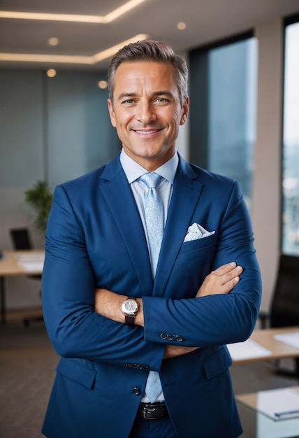 Photo a smiling man radiating confidence stands with his arms crossed over his chest in a modern welllit office the businessman is dressed in a strict blue suit with a tie