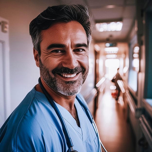 Smiling man in scrubs in hospital hallway with light coming through window