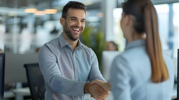 smiling man shaking hands with a woman in the background