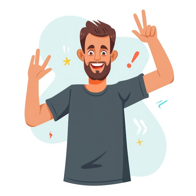 Photo smiling man showing two fingers with excitement and fun