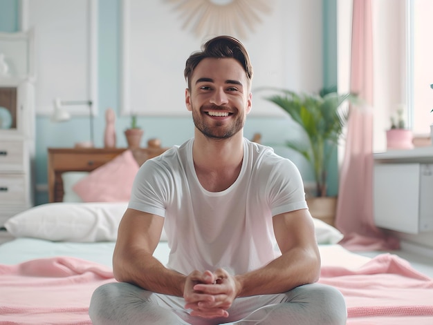 Smiling man sitting crosslegged on bedroom floor Casual style in a bright interior Relaxed posture at home Generative AI