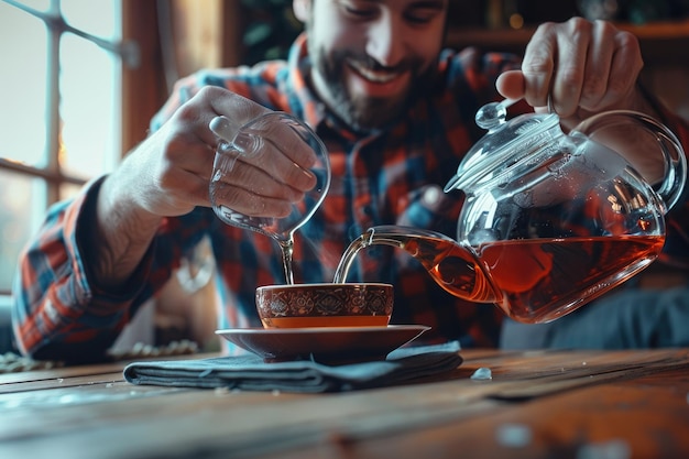 Photo smiling man sitting at home pouring a tea into a cup