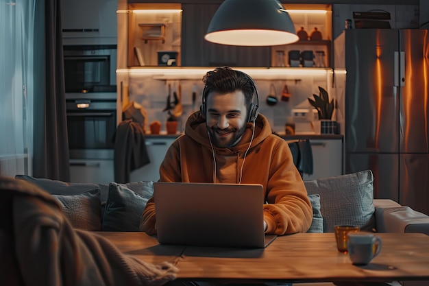 Smiling man sitting at table in modern apartment using laptop and earphones