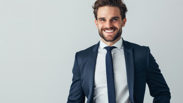 A smiling man in a suit and tie exudes confidence